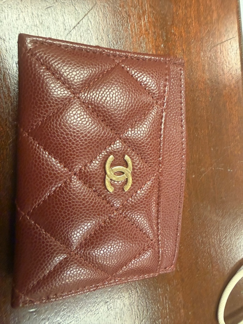 CHANEL Quilted Caviar Card Wallet in Deep Burgundy with Gold CC